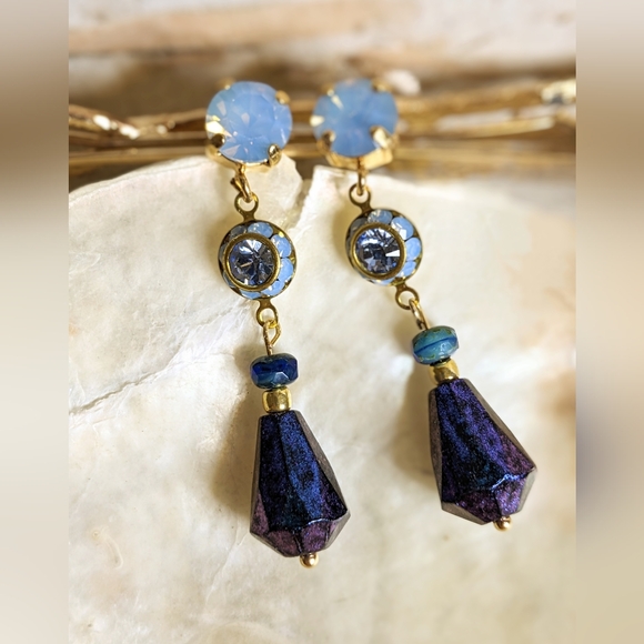 Blue Metallic AB Flower Crystal & Fire Polished Blue Czech Beads Dangle Earrings - Picture 4 of 7